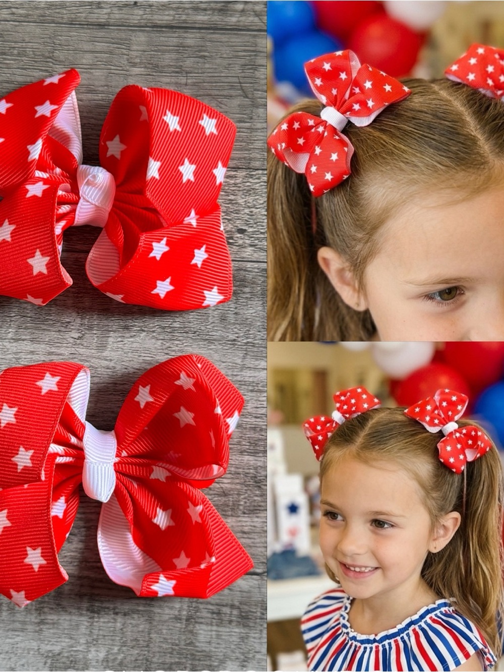 Red Star Print Hair Bows - Pair